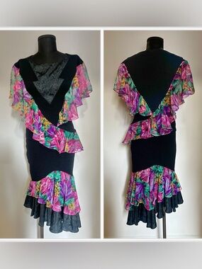 Jon Wesley Designer Black Skirt Set with Pink & Green Floral Ruffle Accents sz8
